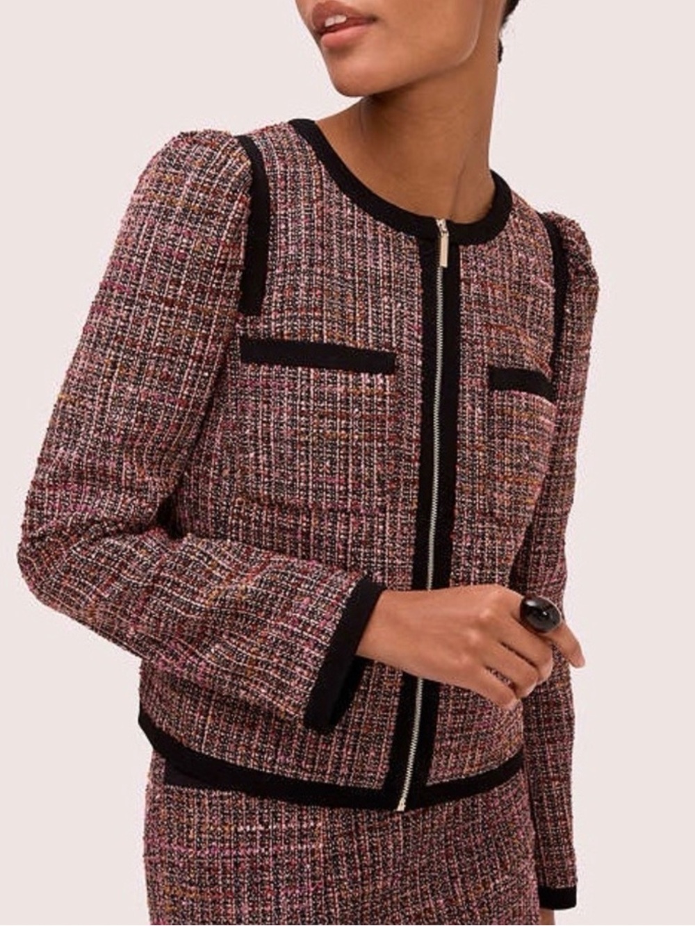 Kate Spade Textured Pink Tweed Zip-Front Jacket